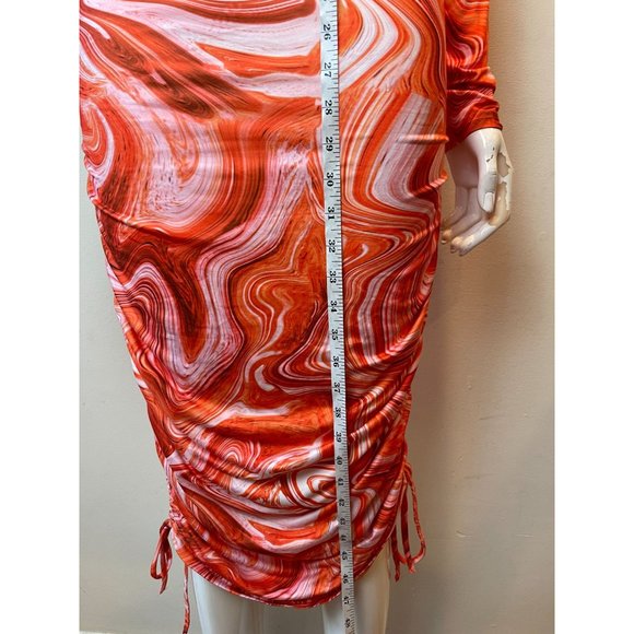 NWT Floerns Womens Marble Print Drawstring Side Bodycon Dress Orange White SZ M - Picture 7 of 13